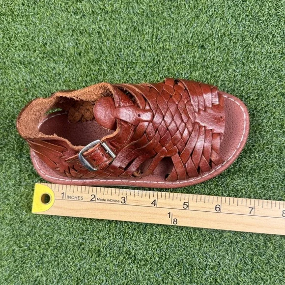Kids Brown Leather Huarache Sandals Size 7 Woven‎ Buckle Strap Shoes - Picture 5 of 7